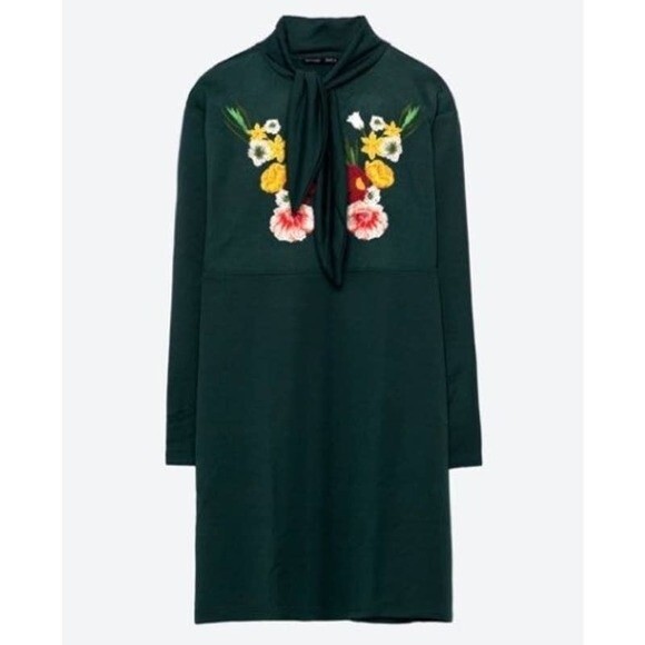 Zara green top tunic Long sleeve front bow tie  front floral embroidery size S - Picture 9 of 9